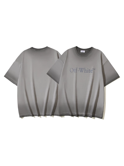OFF-WHITE Washed Distressed Double Yarn Heavyweight Gradient Logo Print Short-Sleeve T-Shirt, Distressed Grey #1369 01