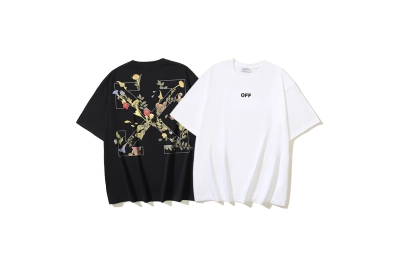OFF-WHITE Floral Arrow Print Short-Sleeve T-Shirt, Black, White #1344 01