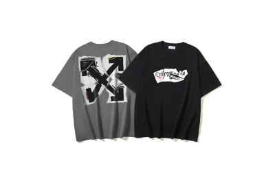 OFF-WHITE Ripped Paper Arrow Print Short-Sleeve T-Shirt, Black, Dark Grey #1342 01