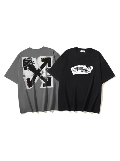 OFF-WHITE Ripped Paper Arrow Print Short-Sleeve T-Shirt, Black, Dark Grey #1342 01