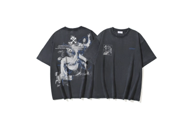 OFF-WHITE Washed Distressed Double Yarn Heavyweight Lava Giorgio Religious Oil Painting Arrow Print Short-Sleeve T-Shirt, Distressed Black #1339 01