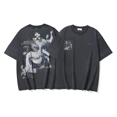 OFF-WHITE Washed Distressed Double Yarn Heavyweight Lava Giorgio Religious Oil Painting Arrow Print Short-Sleeve T-Shirt, Distressed Black #1339 01