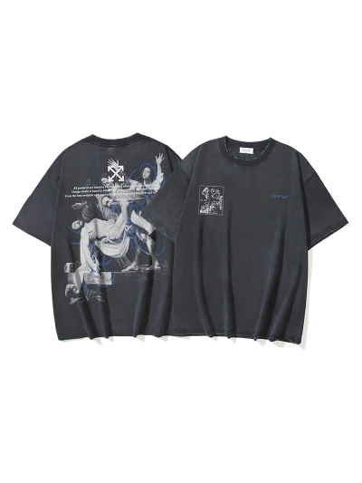 OFF-WHITE Washed Distressed Double Yarn Heavyweight Lava Giorgio Religious Oil Painting Arrow Print Short-Sleeve T-Shirt, Distressed Black #1339 01