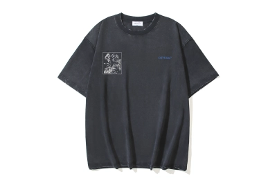 OFF-WHITE Washed Distressed Double Yarn Heavyweight Lava Giorgio Religious Oil Painting Arrow Print Short-Sleeve T-Shirt, Distressed Black #1339 02