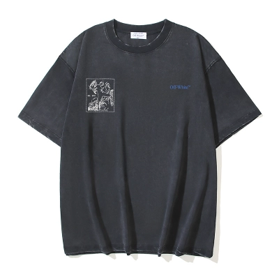OFF-WHITE Washed Distressed Double Yarn Heavyweight Lava Giorgio Religious Oil Painting Arrow Print Short-Sleeve T-Shirt, Distressed Black #1339 02