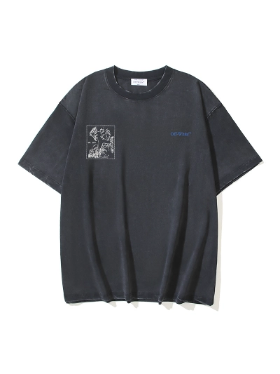 OFF-WHITE Washed Distressed Double Yarn Heavyweight Lava Giorgio Religious Oil Painting Arrow Print Short-Sleeve T-Shirt, Distressed Black #1339 02