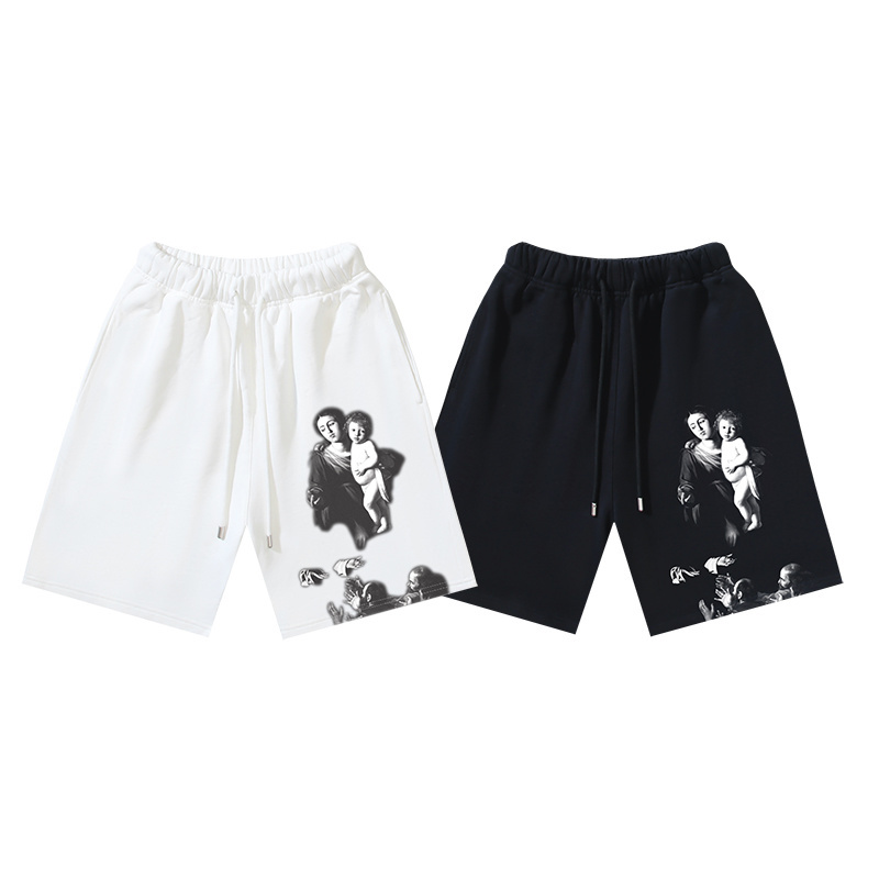 OFF-WHITE Brushed Cotton Shorts — "Mary" / Religious Angel & Virgin Mary Print — Black / White #1177
