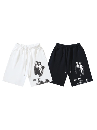 OFF-WHITE Brushed Cotton Shorts — "Mary" / Religious Angel & Virgin Mary Print — Black / White #1177 01