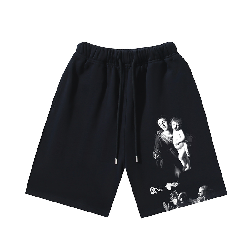 OFF-WHITE Brushed Cotton Shorts — "Mary" / Religious Angel & Virgin Mary Print — Black / White #1177