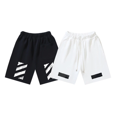 OFF-WHITE Brushed Cotton Shorts with Graffiti Diagonal Stripe Print — Black / White #1210 01