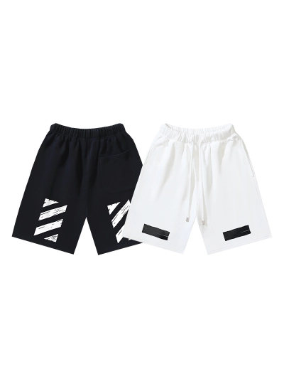 OFF-WHITE Brushed Cotton Shorts with Graffiti Diagonal Stripe Print — Black / White #1210 01