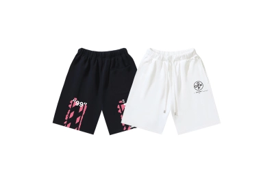 OFF-WHITE Brushed Pure Cotton Shorts — "99" Number, Pink Diagonal Stripes, and Graffiti Print — Black / White #1018 01
