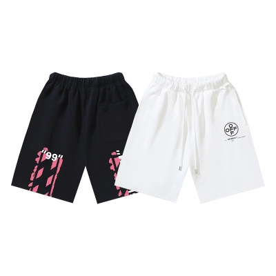 OFF-WHITE Brushed Pure Cotton Shorts — "99" Number, Pink Diagonal Stripes, and Graffiti Print — Black / White #1018 01