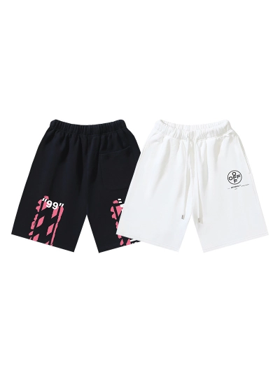 OFF-WHITE Brushed Pure Cotton Shorts — "99" Number, Pink Diagonal Stripes, and Graffiti Print — Black / White #1018 01