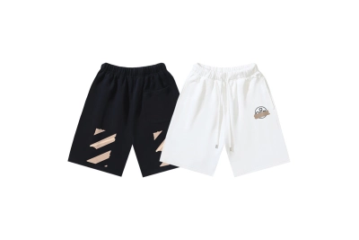 OFF-WHITE Brushed Cotton Shorts with Tape-Style Diagonal Stripe Print – Black / White #1019 01