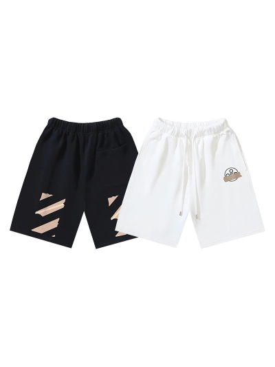OFF-WHITE Brushed Cotton Shorts with Tape-Style Diagonal Stripe Print – Black / White #1019 01