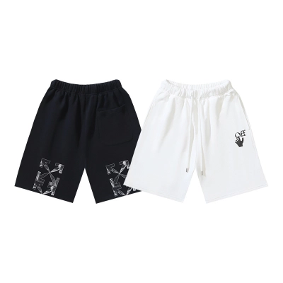 OFF-WHITE Brushed Pure Cotton Shorts featuring Caravaggio Religious Oil Painting & Arrow Prints — Black / White #1197 01