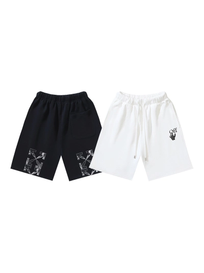 OFF-WHITE Brushed Pure Cotton Shorts featuring Caravaggio Religious Oil Painting & Arrow Prints — Black / White #1197 01