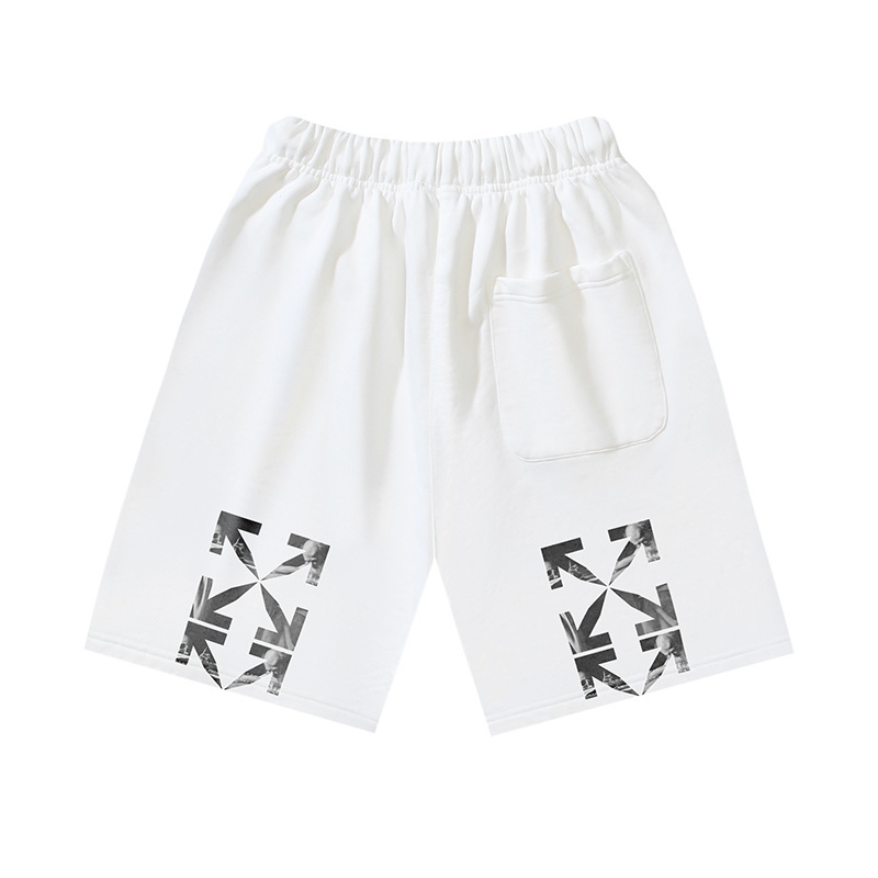 OFF-WHITE Brushed Pure Cotton Shorts featuring Caravaggio Religious Oil Painting & Arrow Prints — Black / White #1197