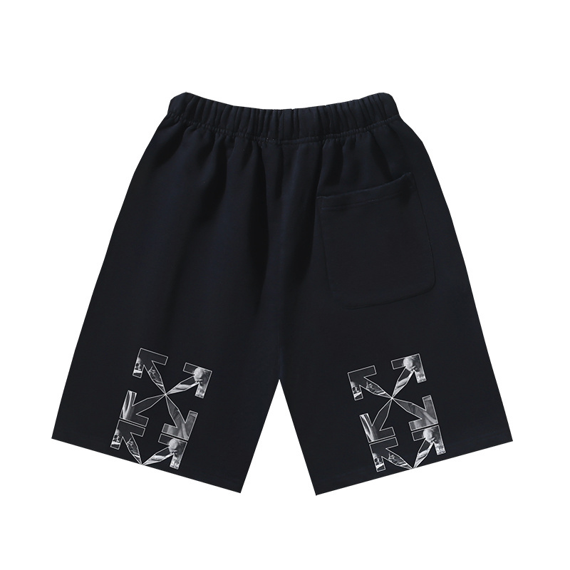 OFF-WHITE Brushed Pure Cotton Shorts featuring Caravaggio Religious Oil Painting & Arrow Prints — Black / White #1197