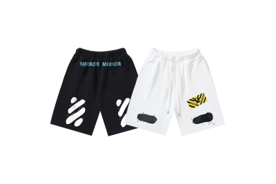 OFF-WHITE Brushed Pure Cotton Shorts with Yellow Tag and Stripe Print — Black / White #1209 01