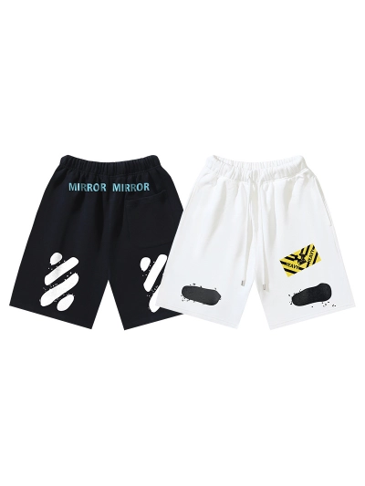 OFF-WHITE Brushed Pure Cotton Shorts with Yellow Tag and Stripe Print — Black / White #1209 01