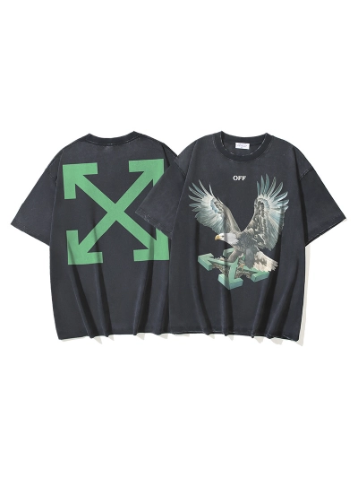 OFF-WHITE Eagle Arrow Distressed Double-Yarn Heavyweight Short-Sleeve T-Shirt — Distressed Black #1358 01