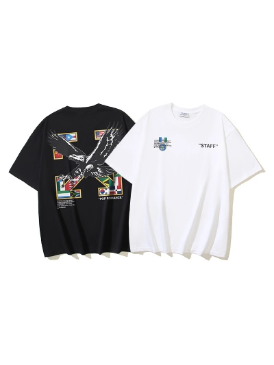 OFF-WHITE Flag, Arrow, and Eagle Print Short-Sleeve T-Shirt — Black / White #1359 01