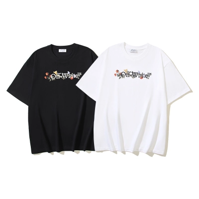 OFF-WHITE Floral Logo Print Short-Sleeve T-Shirt — Black / White #1357 01