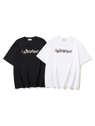 OFF-WHITE Floral Logo Print Short-Sleeve T-Shirt — Black / White #1357 01
