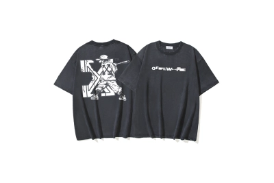 OFF-WHITE Washed & Distressed Double-Yarn Heavyweight Short-Sleeve T-Shirt — "Baseball Arrows" Print — Distressed Black #1362 01