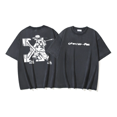 OFF-WHITE Washed & Distressed Double-Yarn Heavyweight Short-Sleeve T-Shirt — "Baseball Arrows" Print — Distressed Black #1362 01