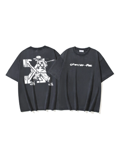 OFF-WHITE Washed & Distressed Double-Yarn Heavyweight Short-Sleeve T-Shirt — "Baseball Arrows" Print — Distressed Black #1362 01