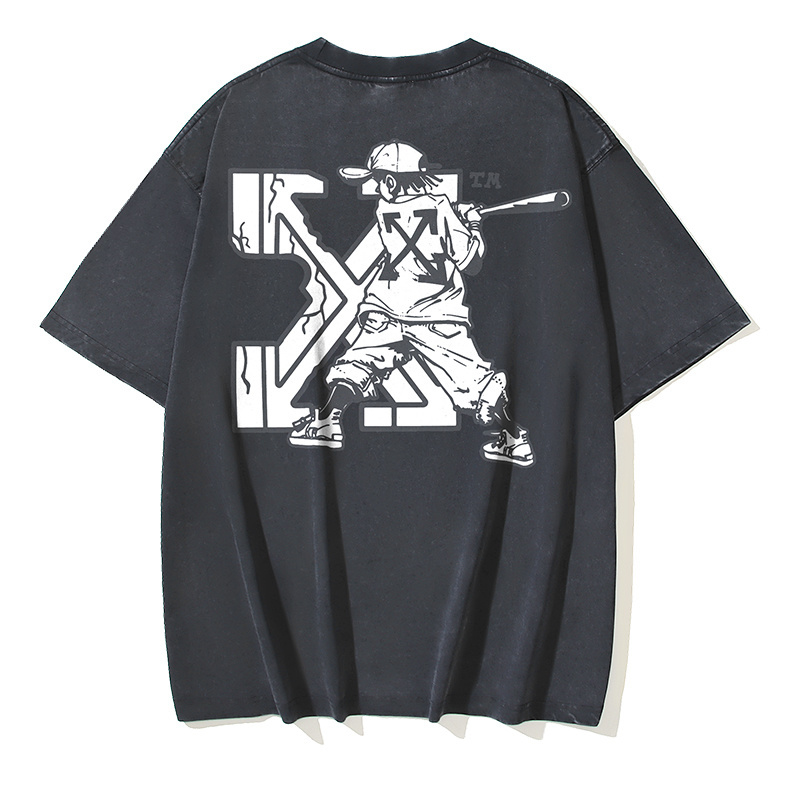 OFF-WHITE Washed & Distressed Double-Yarn Heavyweight Short-Sleeve T-Shirt — "Baseball Arrows" Print — Distressed Black #1362