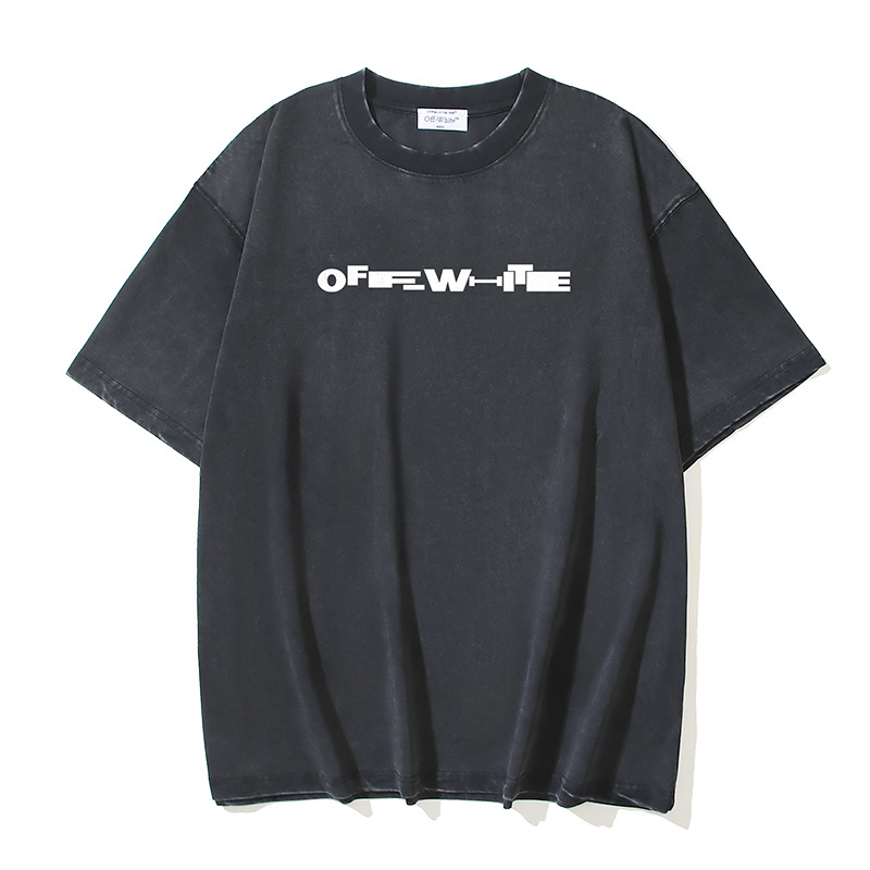 OFF-WHITE Washed & Distressed Double-Yarn Heavyweight Short-Sleeve T-Shirt — "Baseball Arrows" Print — Distressed Black #1362