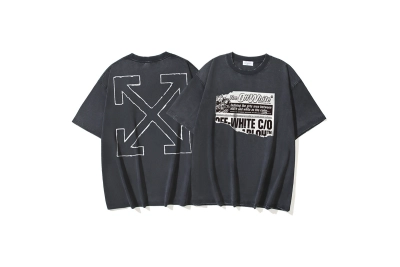 OFF-WHITE Washed & Distressed Double-Yarn Heavyweight Short-Sleeve T-Shirt — "Newspaper" Arrows Print — Distressed Black#1370 01