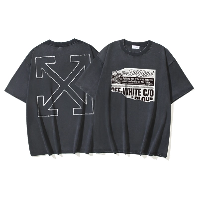 OFF-WHITE Washed & Distressed Double-Yarn Heavyweight Short-Sleeve T-Shirt — "Newspaper" Arrows Print — Distressed Black#1370 01