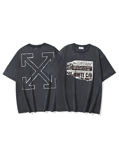 OFF-WHITE Washed & Distressed Double-Yarn Heavyweight Short-Sleeve T-Shirt — "Newspaper" Arrows Print — Distressed Black#1370 01