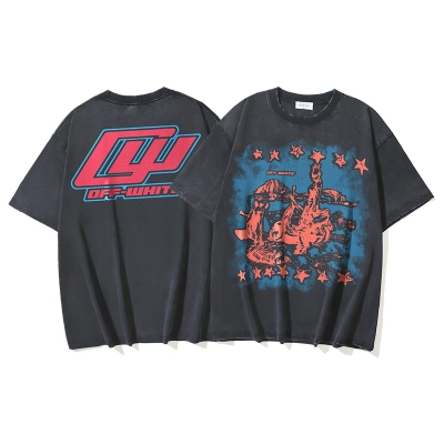 OFF-WHITE Washed & Distressed Double-Yarn Short-Sleeve T-Shirt with Collaborative Star Print — Distressed Black#1366 01