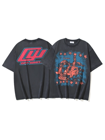 OFF-WHITE Washed & Distressed Double-Yarn Short-Sleeve T-Shirt with Collaborative Star Print — Distressed Black#1366 01