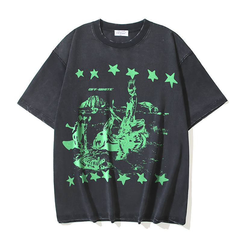 OFF-WHITE Washed & Distressed Double-Yarn T-Shirt — Star & Religious Print Collaboration (Distressed Black)#1367