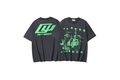 OFF-WHITE Washed & Distressed Double-Yarn T-Shirt — Star & Religious Print Collaboration (Distressed Black)#1367 01