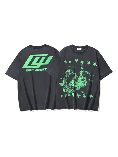 OFF-WHITE Washed & Distressed Double-Yarn T-Shirt — Star & Religious Print Collaboration (Distressed Black)#1367 01