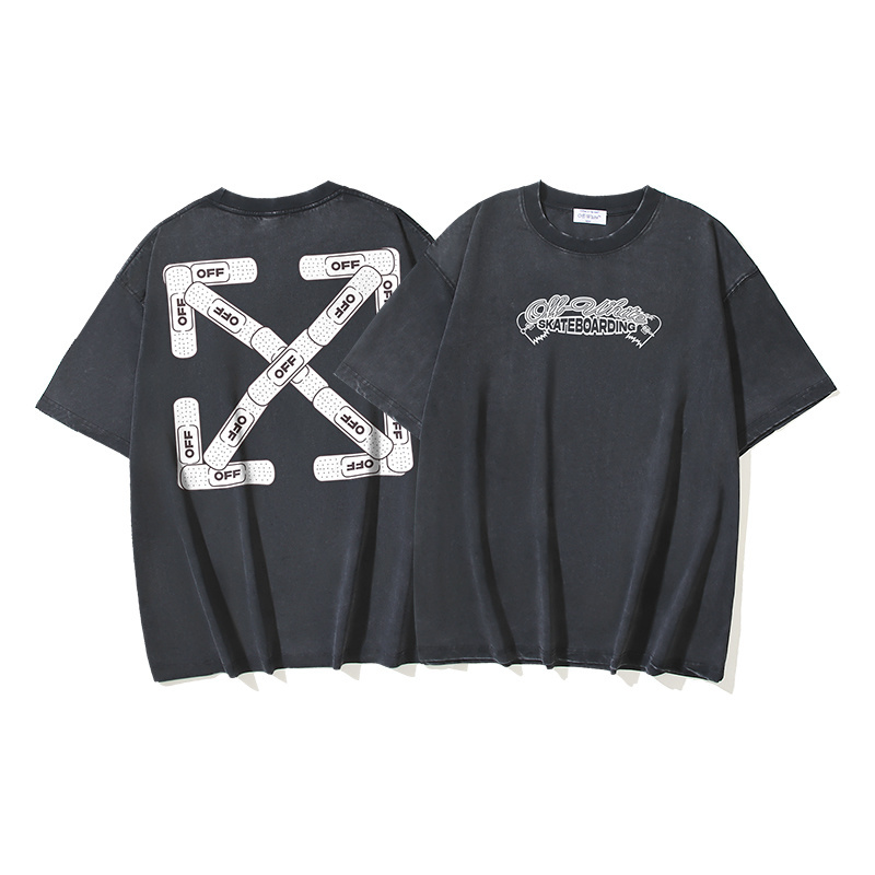 OFF-WHITE Washed & Distressed Heavyweight Double-Yarn Short-Sleeve T-Shirt — "Band-Aid" Arrow Print (Distressed Black) — Distressed Black #1363