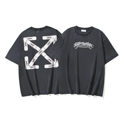 OFF-WHITE Washed & Distressed Heavyweight Double-Yarn Short-Sleeve T-Shirt — "Band-Aid" Arrow Print (Distressed Black) — Distressed Black #1363 01