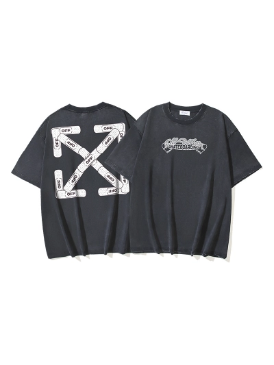 OFF-WHITE Washed & Distressed Heavyweight Double-Yarn Short-Sleeve T-Shirt — "Band-Aid" Arrow Print (Distressed Black) — Distressed Black #1363 01