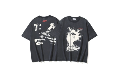 OFF-WHITE Washed & Distressed Heavyweight Double-Yarn Short-Sleeve T-Shirt — Abstract Arrow Print (Distressed Black)#1375 01