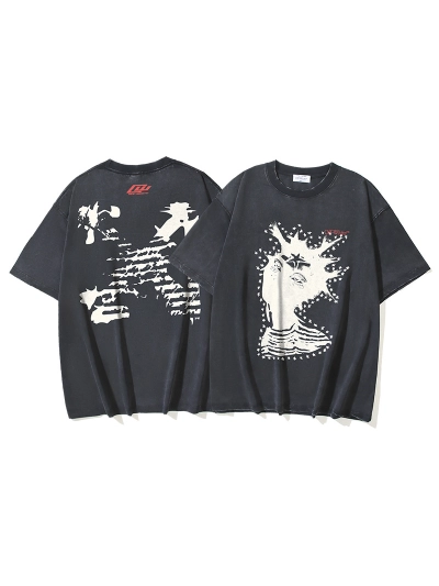 OFF-WHITE Washed & Distressed Heavyweight Double-Yarn Short-Sleeve T-Shirt — Abstract Arrow Print (Distressed Black)#1375 01