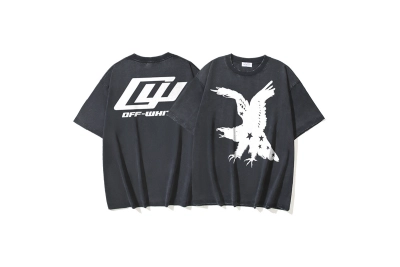 OFF-WHITEVintage-Washed,Yarn Short-Sleeve T-Shirt — Eagle & Star Collab Print (Distressed Black)#1374 01