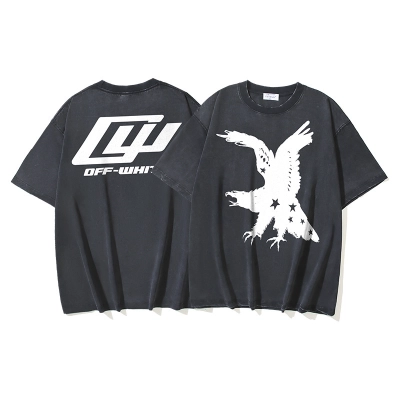 OFF-WHITEVintage-Washed,Yarn Short-Sleeve T-Shirt — Eagle & Star Collab Print (Distressed Black)#1374 01